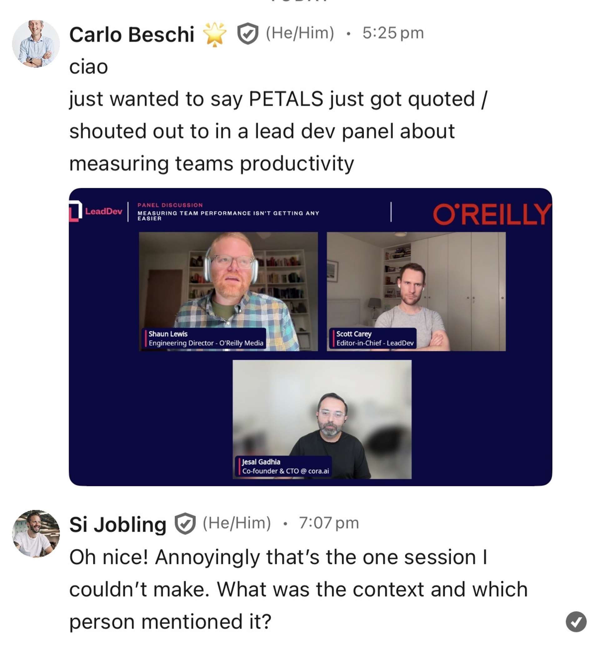 O'Reilly talking about PETALS on Lead Dev panel discussion